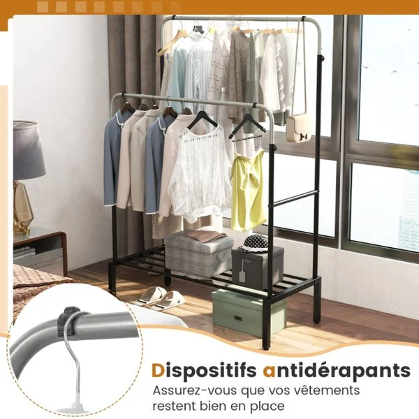 Portant à Vêtements à Double Barre Réglable en Hauteur Portant à Vêtements Métallique Robuste pour Suspendre Les Vêtements Organisateur de Vêtements Noir et Argent