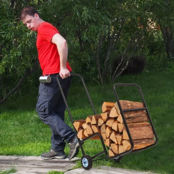 Porte Bûches de Bois 2 Roues en Caoutchouc Antidérapantes Capacité 50 kg en Acier Inoxydable Extérieur et Intérieur Noir
