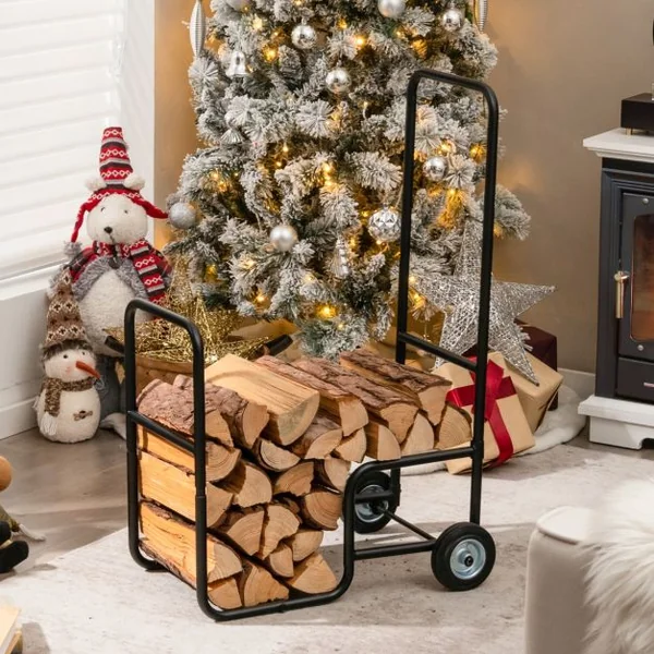 Porte Bûches de Bois 2 Roues en Caoutchouc Antidérapantes Capacité 50 kg en Acier Inoxydable Extérieur et Intérieur Noir
