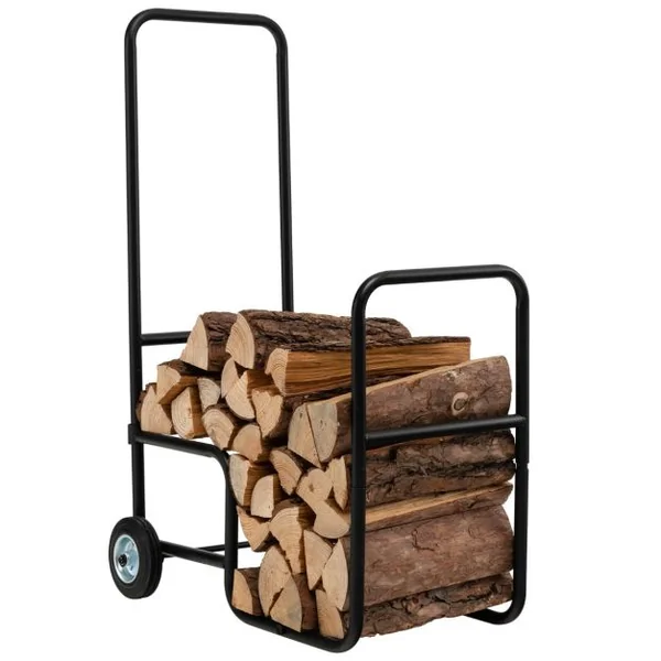 Porte Bûches de Bois 2 Roues en Caoutchouc Antidérapantes Capacité 50 kg en Acier Inoxydable Extérieur et Intérieur Noir