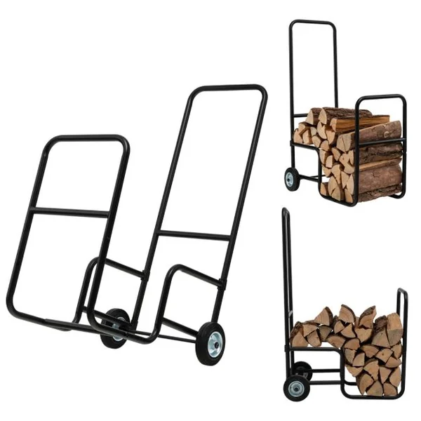 Porte Bûches de Bois 2 Roues en Caoutchouc Antidérapantes Capacité 50 kg en Acier Inoxydable Extérieur et Intérieur Noir