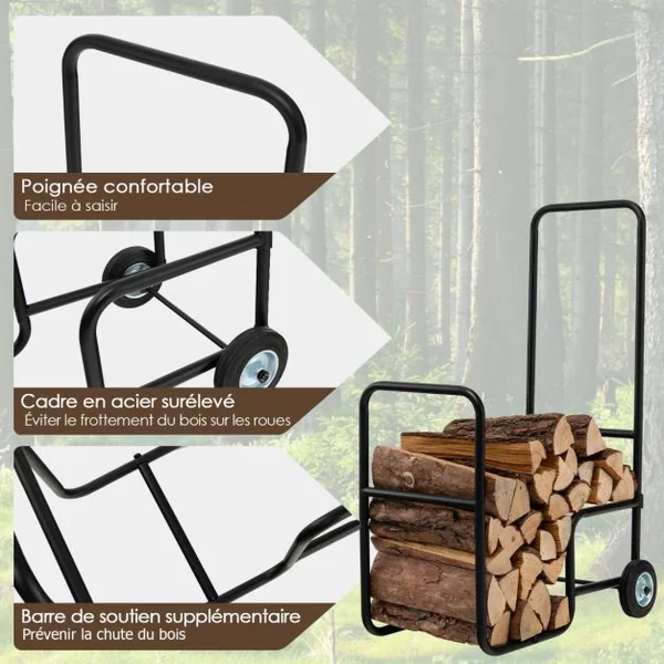 Porte Bûches de Bois 2 Roues en Caoutchouc Antidérapantes Capacité 50 kg en Acier Inoxydable Extérieur et Intérieur Noir