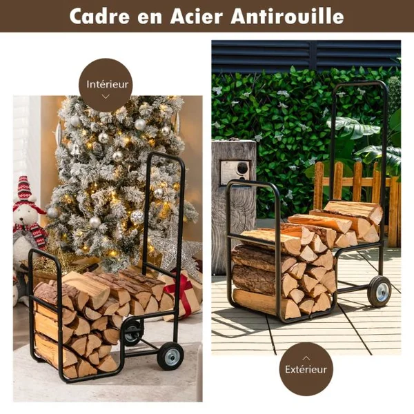 Porte Bûches de Bois 2 Roues en Caoutchouc Antidérapantes Capacité 50 kg en Acier Inoxydable Extérieur et Intérieur Noir