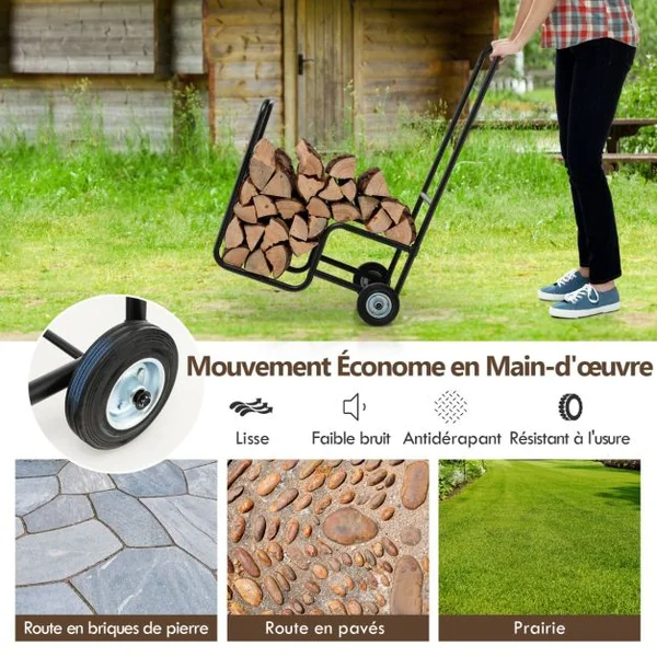 Porte Bûches de Bois 2 Roues en Caoutchouc Antidérapantes Capacité 50 kg en Acier Inoxydable Extérieur et Intérieur Noir