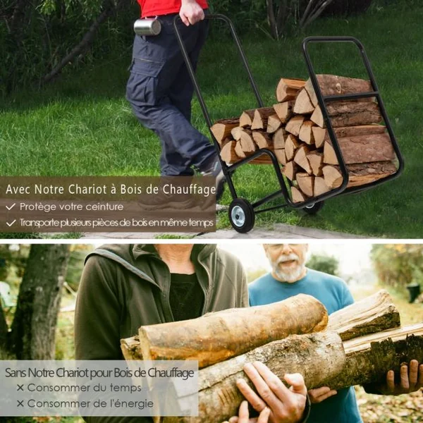 Porte Bûches de Bois 2 Roues en Caoutchouc Antidérapantes Capacité 50 kg en Acier Inoxydable Extérieur et Intérieur Noir