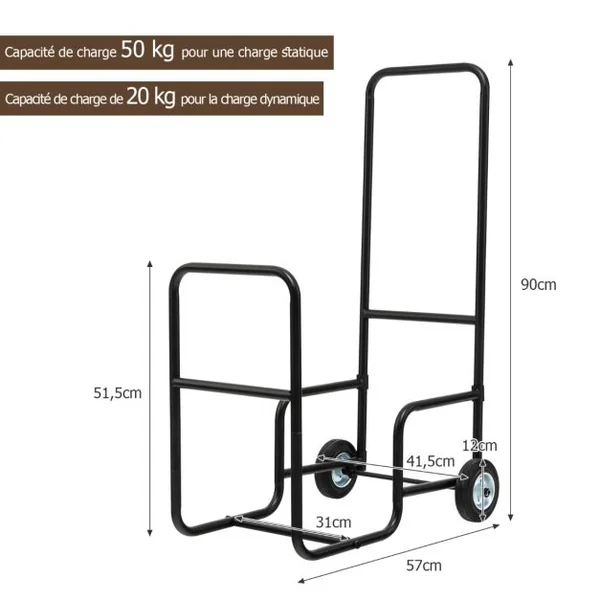 Porte Bûches de Bois 2 Roues en Caoutchouc Antidérapantes Capacité 50 kg en Acier Inoxydable Extérieur et Intérieur Noir