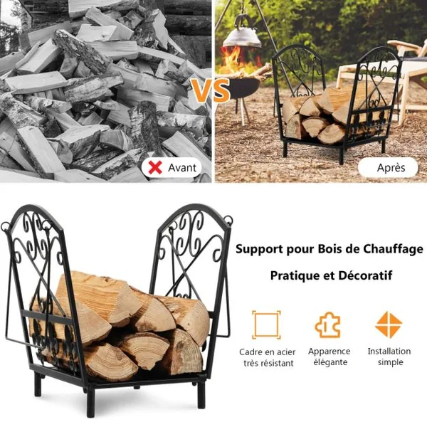 Porte Bûches de Cheminée avec 2 Poignées 4 Pieds de Support Résistant à l'Humidité et à la Rouille Poids Max : 50 kg
