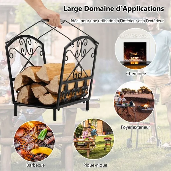Porte Bûches de Cheminée avec 2 Poignées 4 Pieds de Support Résistant à l'Humidité et à la Rouille Poids Max : 50 kg