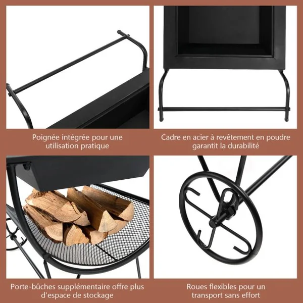 Porte Bûches à Bois 3 en 1 Brasero Exterieur avec Pare-Etincelles et Support de Rangement Charge 50KG 2 Roues Pratique Noir