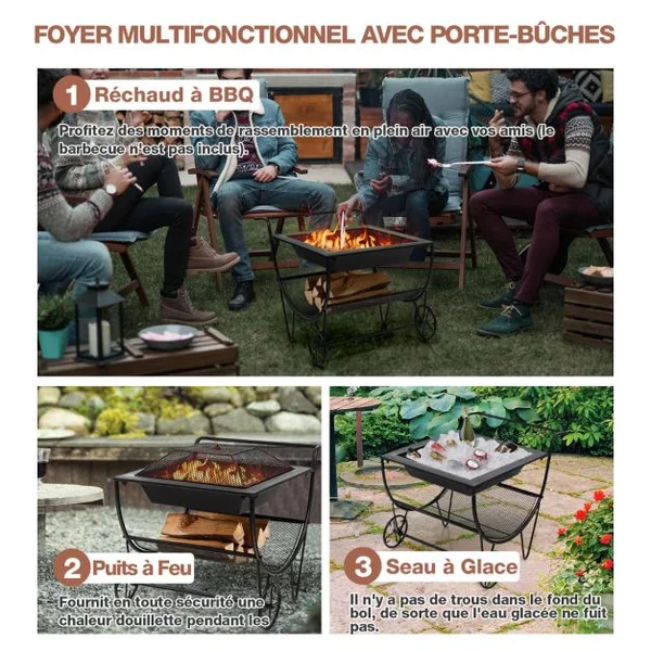 Porte Bûches à Bois 3 en 1 Brasero Exterieur avec Pare-Etincelles et Support de Rangement Charge 50KG 2 Roues Pratique Noir
