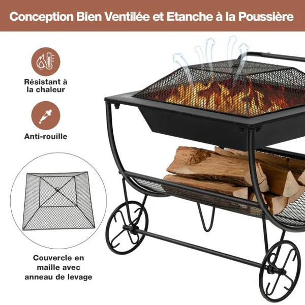 Porte Bûches à Bois 3 en 1 Brasero Exterieur avec Pare-Etincelles et Support de Rangement Charge 50KG 2 Roues Pratique Noir