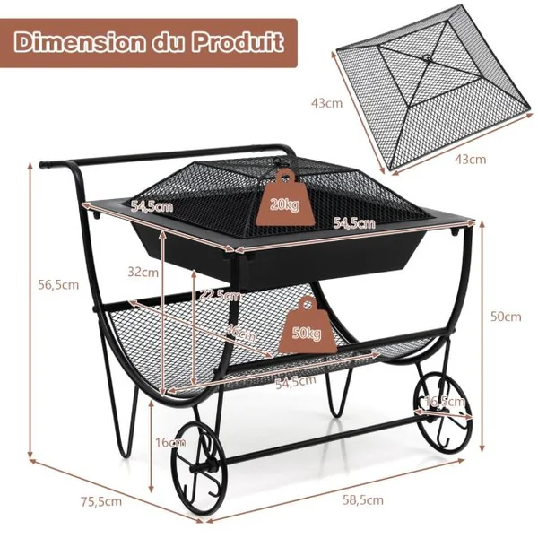 Porte Bûches à Bois 3 en 1 Brasero Exterieur avec Pare-Etincelles et Support de Rangement Charge 50KG 2 Roues Pratique Noir