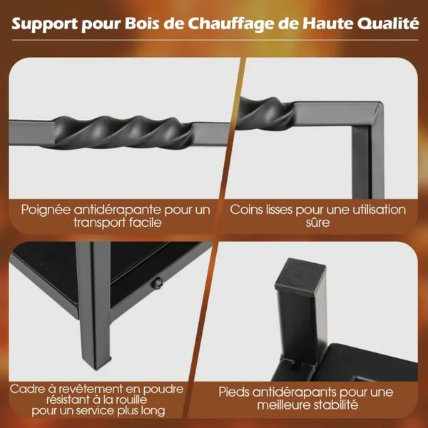 Porte Bûches à Bois de Chauffage en Fer Forgé Poignée Pratique Pieds Surélevés Charge Max 50KG pour Cheminée Brasero Noir