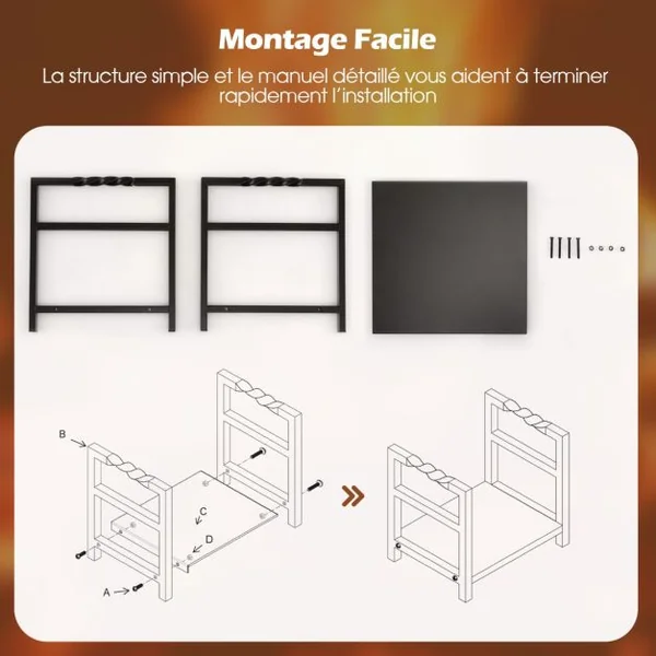 Porte Bûches à Bois de Chauffage en Fer Forgé Poignée Pratique Pieds Surélevés Charge Max 50KG pour Cheminée Brasero Noir