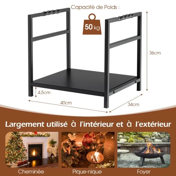 Porte Bûches à Bois de Chauffage en Fer Forgé Poignée Pratique Pieds Surélevés Charge Max 50KG pour Cheminée Brasero Noir