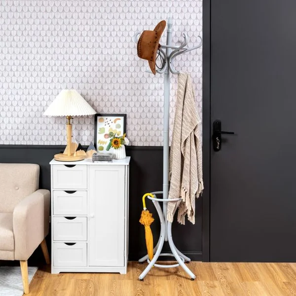 Porte Manteau sur Pieds avec 12 Crochets en Bois Massif pour Manteaux Chapeaux Parapluie 51 x 51 x 184 CM, 4 Couleurs au choix Gris