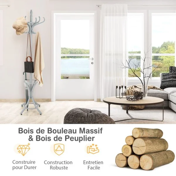 Porte Manteau sur Pieds avec 12 Crochets en Bois Massif pour Manteaux Chapeaux Parapluie 51 x 51 x 184 CM, 4 Couleurs au choix Gris
