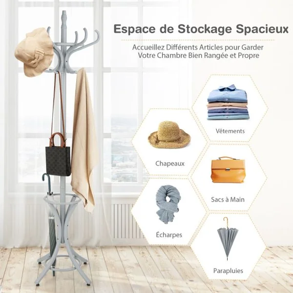 Porte Manteau sur Pieds avec 12 Crochets en Bois Massif pour Manteaux Chapeaux Parapluie 51 x 51 x 184 CM, 4 Couleurs au choix Gris