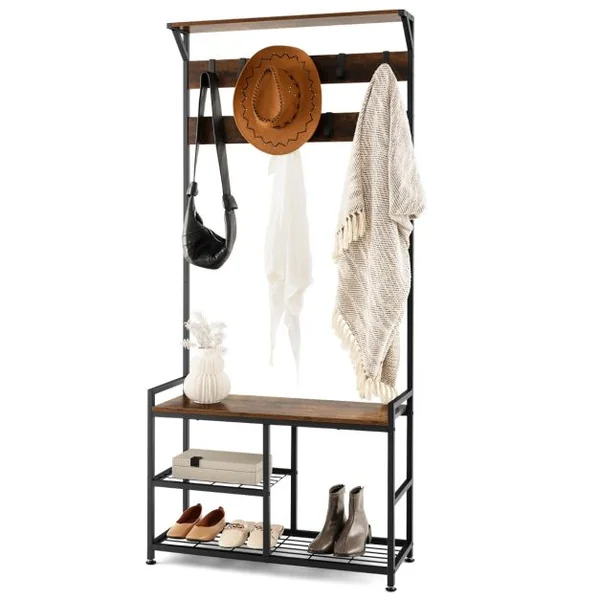 Porte Manteaux 4 en 1 Meuble d'Entrée Industriel avec Banc à Chaussures 9 Crochets Amovibles Vestiaire 84 x 30,5 x 183 cm Marron