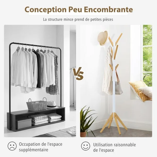 Porte Manteaux 6 Crochets 55 x 179 cm Style Scandinave Base Stable en Bambou pour Entrée Chambre Dortoir Appartement Blanc Naturel