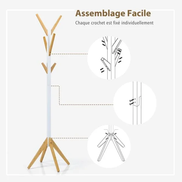 Porte Manteaux 6 Crochets 55 x 179 cm Style Scandinave Base Stable en Bambou pour Entrée Chambre Dortoir Appartement Blanc Naturel