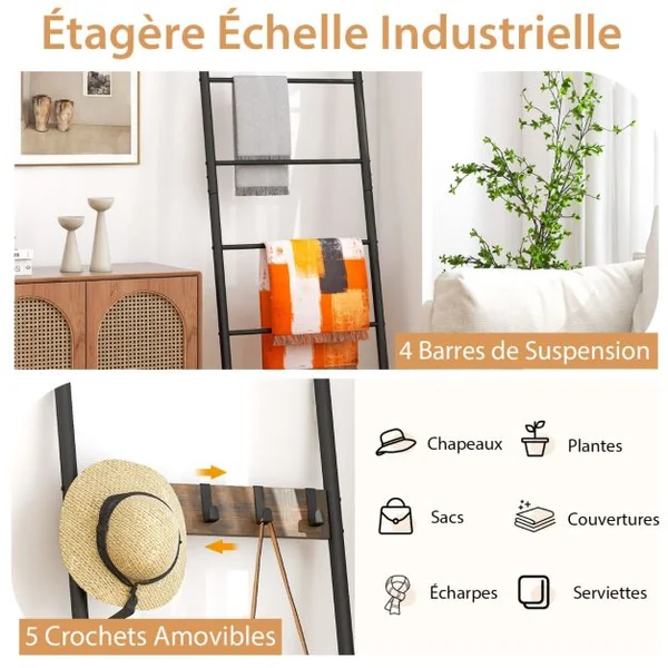 Porte Serviettes échelle 5 Niveaux 5 Crochets Amovibles Étagère Échelle Salle de Bain Petite pour Tapis Couvertures Kits Anti-basculement Inclus