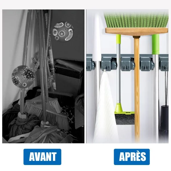 Porte-Balai Pour Serpillière Organiseur d'Outils Mural Avec 5 Positions Et 6 Crochets Pliables