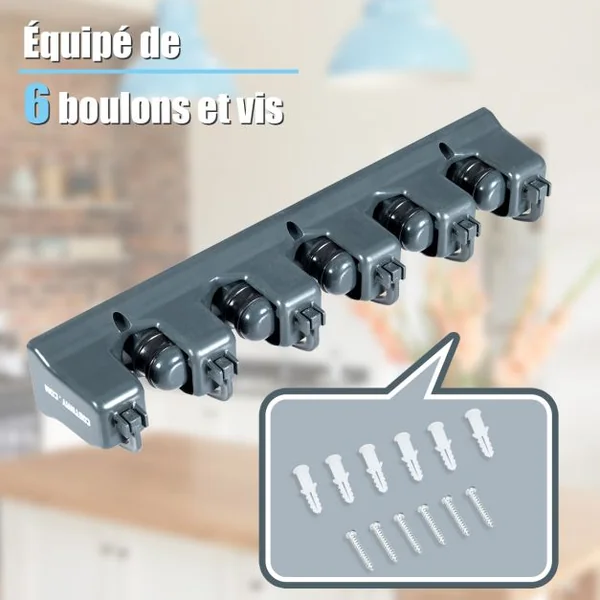 Porte-Balai Pour Serpillière Organiseur d'Outils Mural Avec 5 Positions Et 6 Crochets Pliables