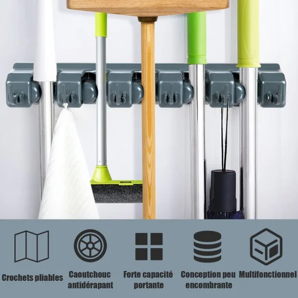 Porte-Balai Pour Serpillière Organiseur d'Outils Mural Avec 5 Positions Et 6 Crochets Pliables