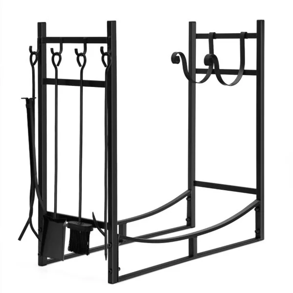 Porte-bûche en Fer avec 4PCS Serviteur de Cheminée et Support Amovible Range-bûche Charge 40kg pour Poêle Brasero Foyer