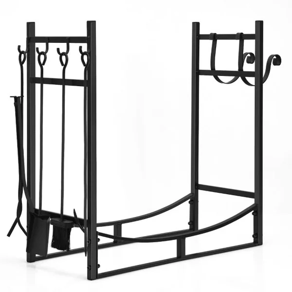 Porte-bûche en Fer avec 4PCS Serviteur de Cheminée et Support Amovible Range-bûche Charge 40kg pour Poêle Brasero Foyer