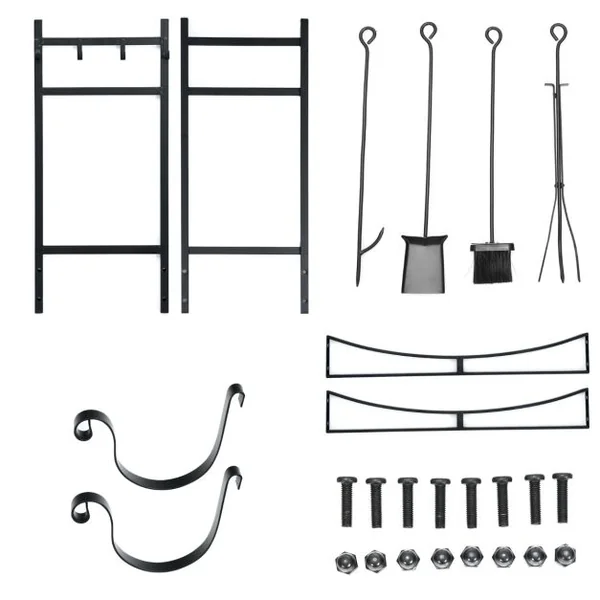 Porte-bûche en Fer avec 4PCS Serviteur de Cheminée et Support Amovible Range-bûche Charge 40kg pour Poêle Brasero Foyer