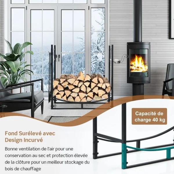 Porte-bûche en Fer avec 4PCS Serviteur de Cheminée et Support Amovible Range-bûche Charge 40kg pour Poêle Brasero Foyer