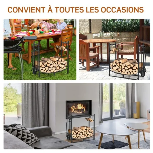 Porte-bûche en Fer avec 4PCS Serviteur de Cheminée et Support Amovible Range-bûche Charge 40kg pour Poêle Brasero Foyer