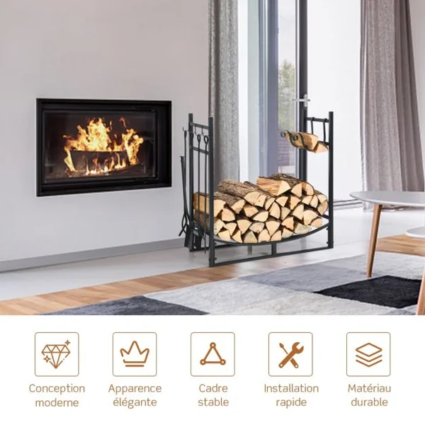 Porte-bûche en Fer avec 4PCS Serviteur de Cheminée et Support Amovible Range-bûche Charge 40kg pour Poêle Brasero Foyer