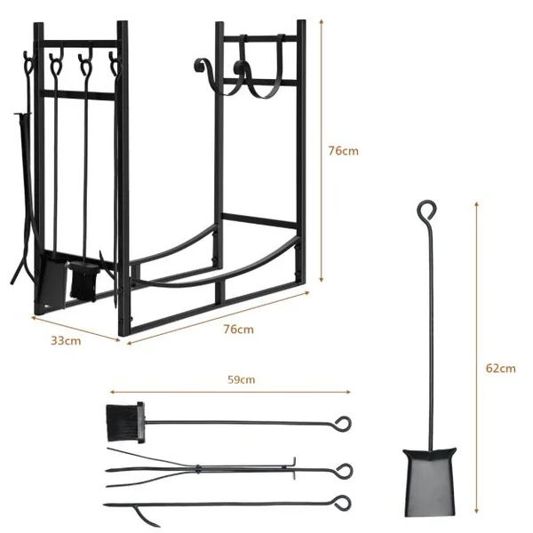 Porte-bûche en Fer avec 4PCS Serviteur de Cheminée et Support Amovible Range-bûche Charge 40kg pour Poêle Brasero Foyer