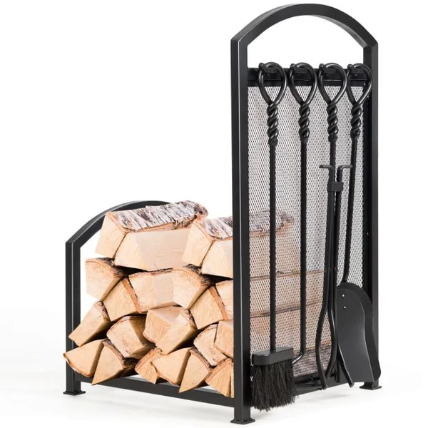 Porte-bûche en Fer avec 4PCS Serviteurs de Cheminée Range-bûche avec Pince Brosse Pelle Tisonnier Accroché sur Panneau en Maille Fer Noir