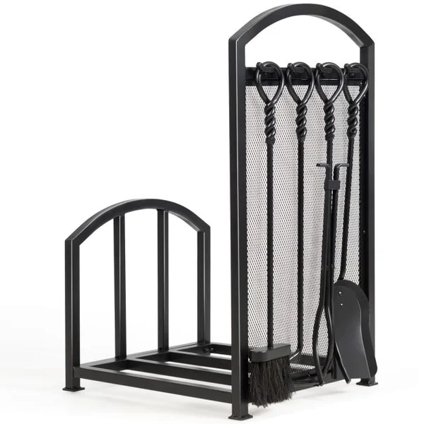Porte-bûche en Fer avec 4PCS Serviteurs de Cheminée Range-bûche avec Pince Brosse Pelle Tisonnier Accroché sur Panneau en Maille Fer Noir