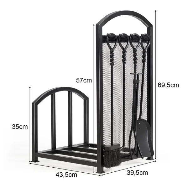 Porte-bûche en Fer avec 4PCS Serviteurs de Cheminée Range-bûche avec Pince Brosse Pelle Tisonnier Accroché sur Panneau en Maille Fer Noir