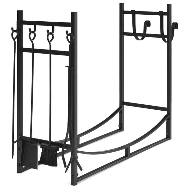Porte-Bûches de Cheminée en Acier avec Accessoires Intérieur Extérieur Charge 50 KG 91 x 33 x 76 cm Noir