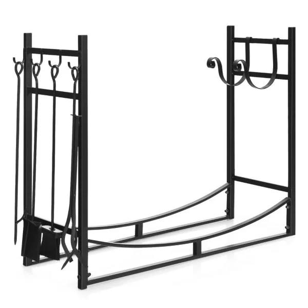 Porte-Bûches de Cheminée en Acier avec Accessoires Intérieur Extérieur Charge 50 KG 91 x 33 x 76 cm Noir