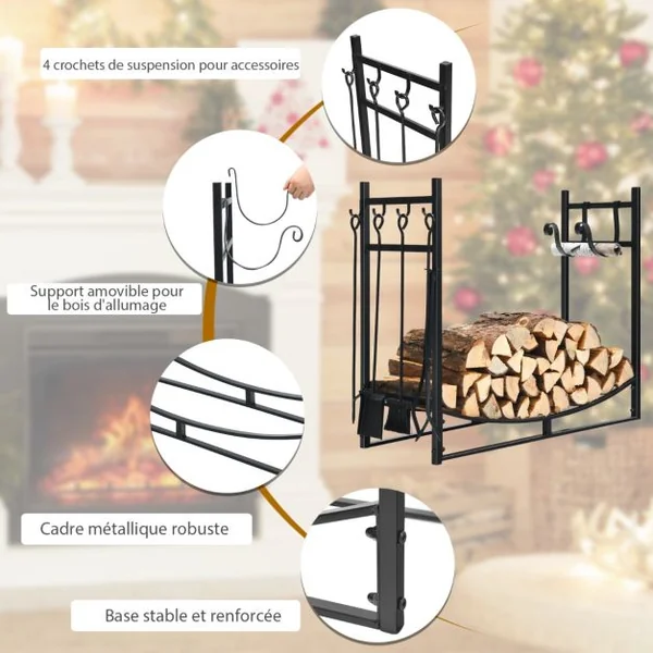 Porte-Bûches de Cheminée en Acier avec Accessoires Intérieur Extérieur Charge 50 KG 91 x 33 x 76 cm Noir