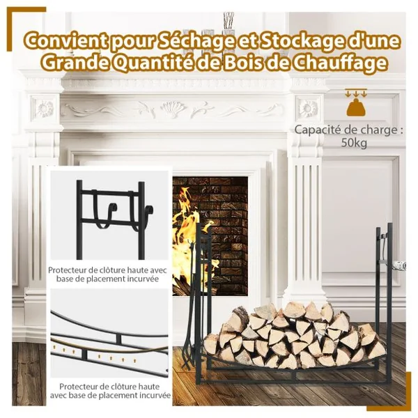 Porte-Bûches de Cheminée en Acier avec Accessoires Intérieur Extérieur Charge 50 KG 91 x 33 x 76 cm Noir