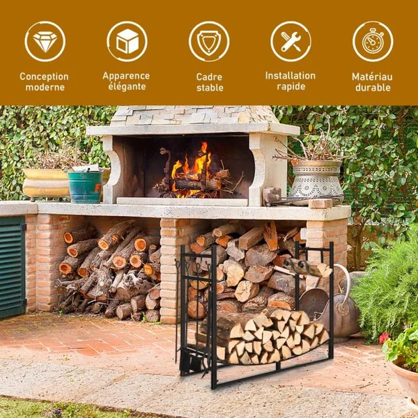Porte-Bûches de Cheminée en Acier avec Accessoires Intérieur Extérieur Charge 50 KG 91 x 33 x 76 cm Noir