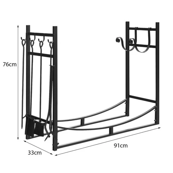 Porte-Bûches de Cheminée en Acier avec Accessoires Intérieur Extérieur Charge 50 KG 91 x 33 x 76 cm Noir