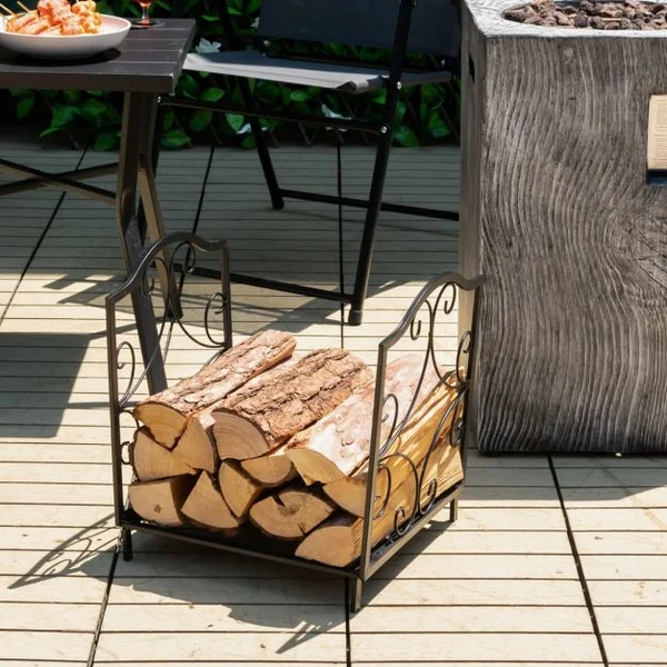 Porte-Bûches en Fer Forgé avec Poignée Charge Max 60 kg de Bois Range-bûche pour Poêle Brasero Foyer Cheminée 44x32x39,5cm