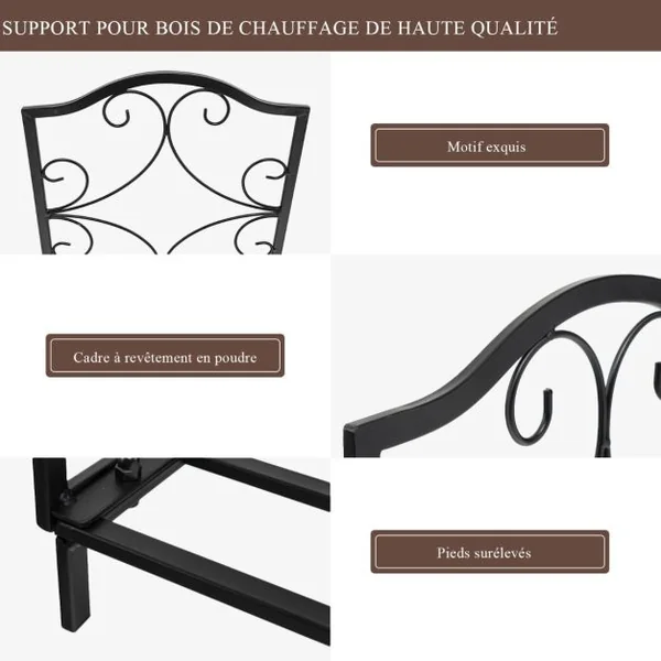 Porte-Bûches en Fer Forgé avec Poignée Charge Max 60 kg de Bois Range-bûche pour Poêle Brasero Foyer Cheminée 44x32x39,5cm