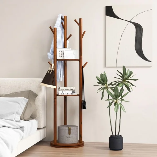 Porte-Manteaux sur Pied Base rotative à 360° 3 Etagères de Rangement 9 Crochets en Bois Massif pour l’Entrée Salon