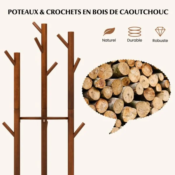 Porte-Manteaux sur Pied Base rotative à 360° 3 Etagères de Rangement 9 Crochets en Bois Massif pour l’Entrée Salon