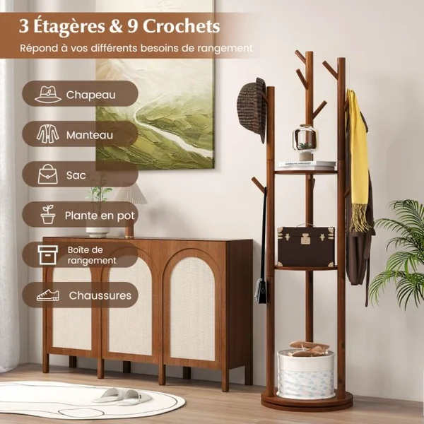 Porte-Manteaux sur Pied Base rotative à 360° 3 Etagères de Rangement 9 Crochets en Bois Massif pour l’Entrée Salon